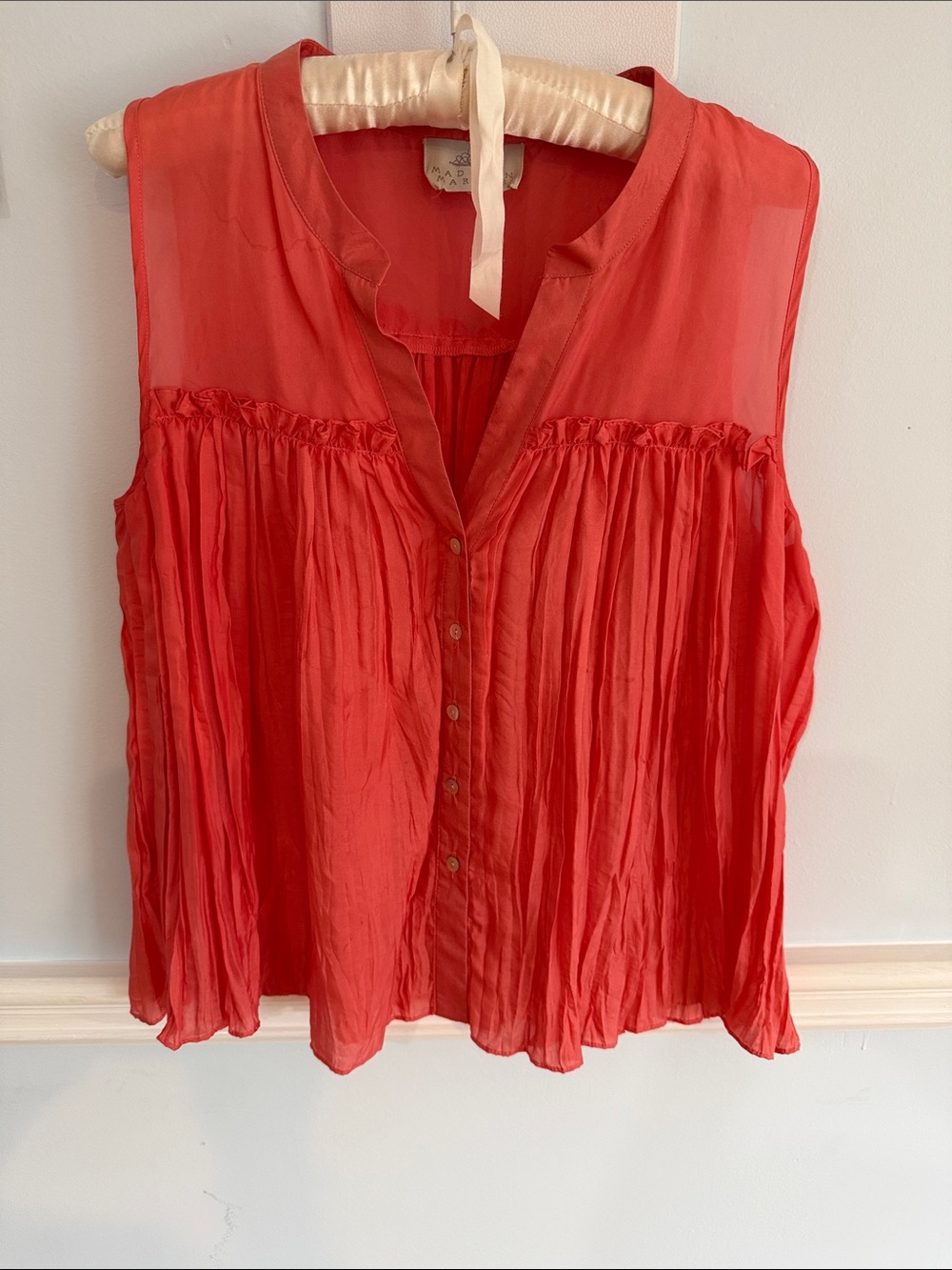 Madison Marcus Sleeveless Coral-Red 100% silk Pleated Button Front Blouse
